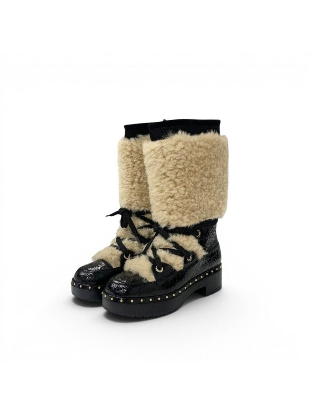 Chanel Boots Long Shoes Shearling Leather Black Beige CC Logo Processing Middle